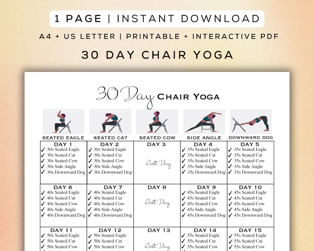 30 Day Chair Yoga Flow Printable Interactive PDF Easy To Follow Poses Beginner Friendly Workout Digital Gym Guide A4 US Letter Etsy