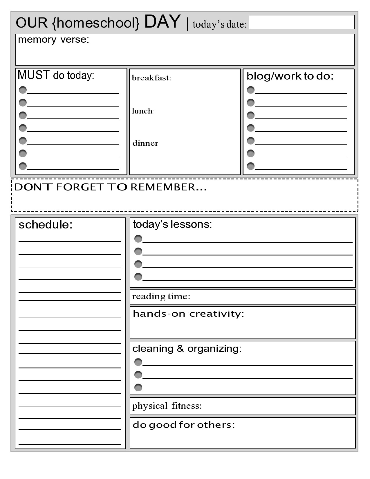 Free Printable Blank Homeschool Chart
