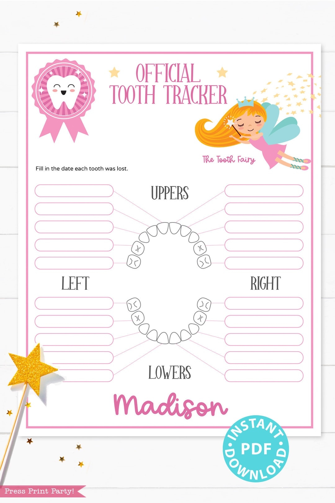 Baby Teeth Chart With The Tooth Fairy Printable Tooth Tracker Editable And Customizable Tooth Fairy For Girls INSTANT DOWNLOAD Etsy UK