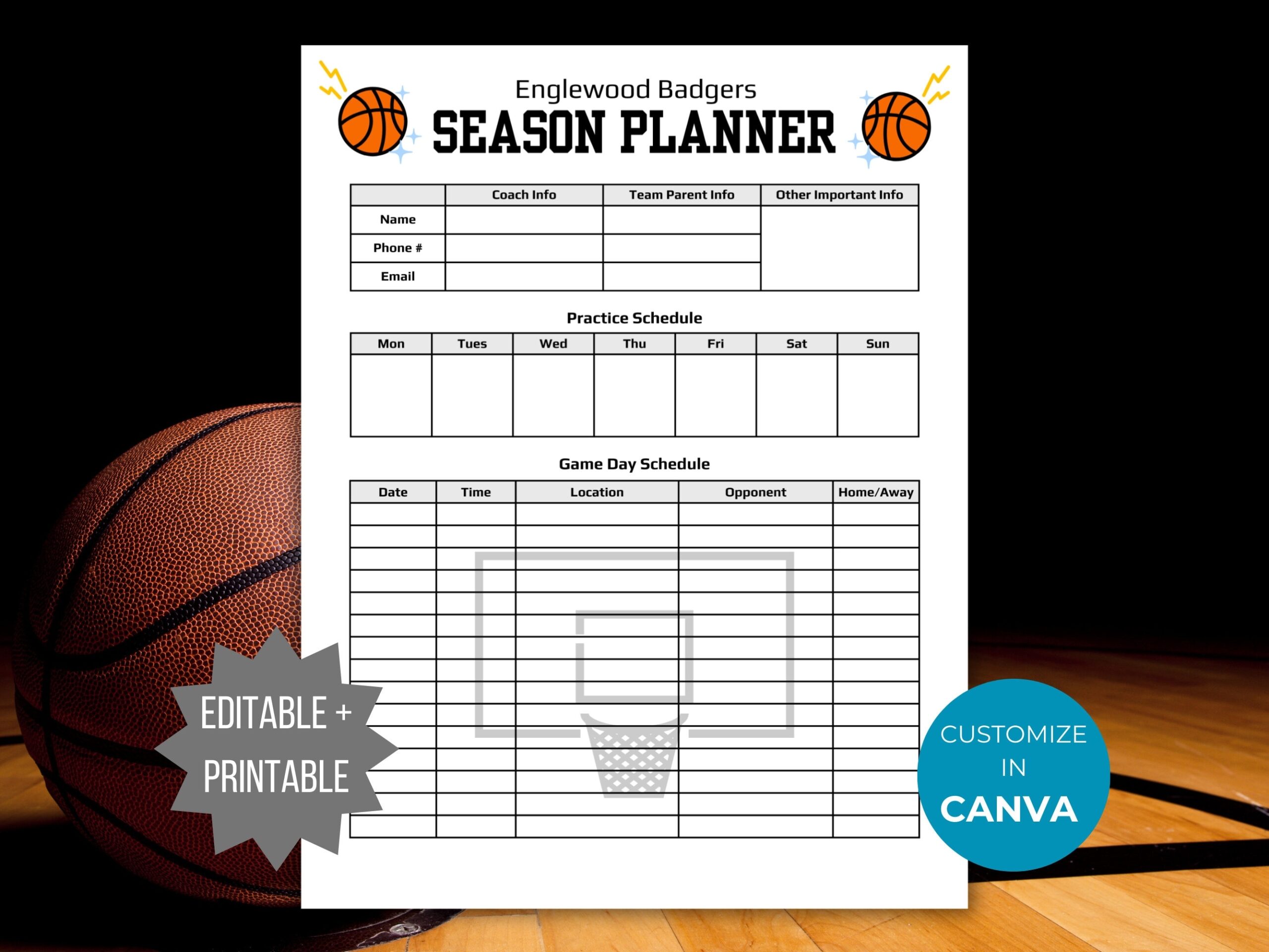 Basketball Season Planner Template Basketball Team Game Schedule Printable Basketball Coach Practice Schedule Editable Game Day Organizer Etsy