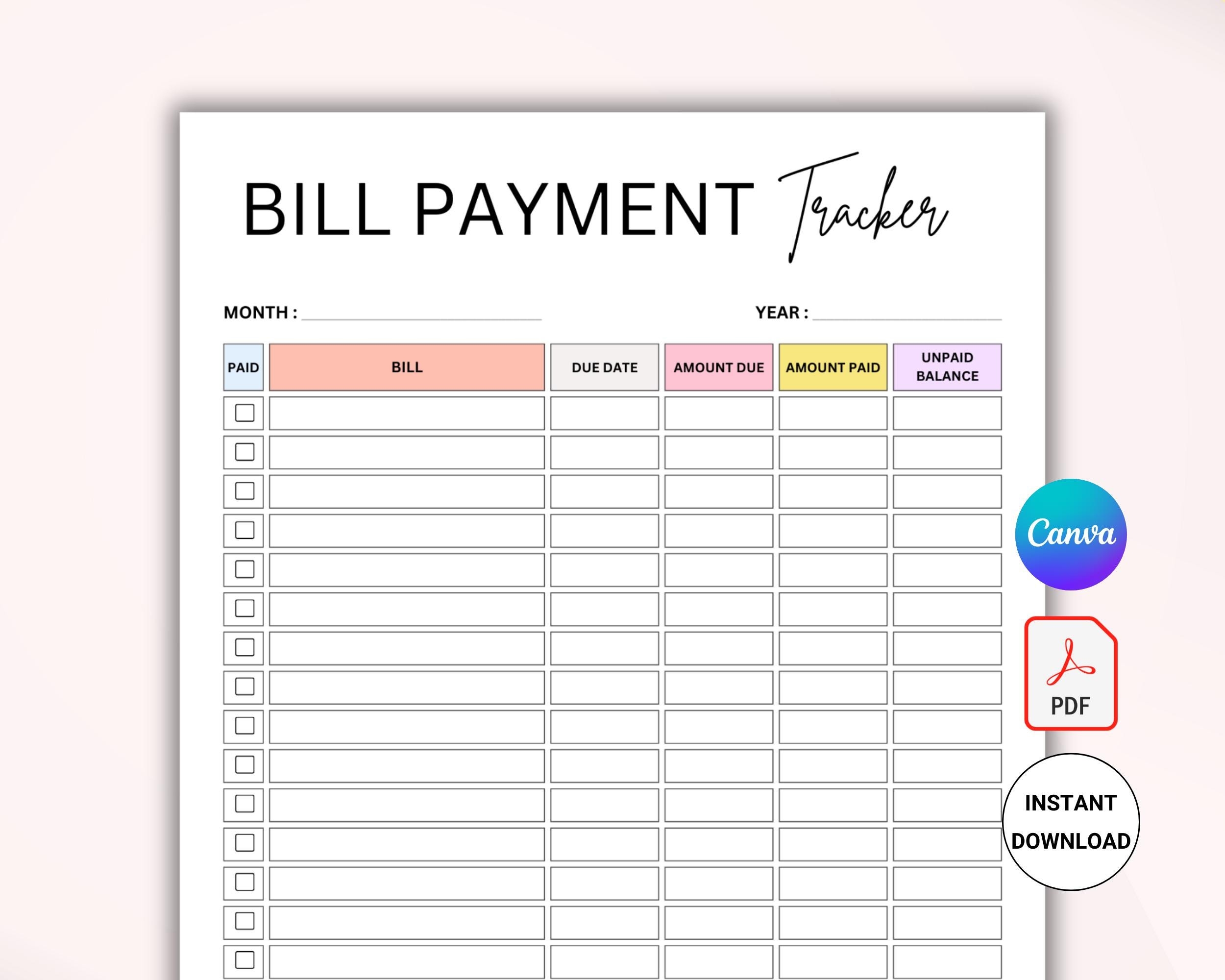 Bill Pay Organizer Bill Payment Log Monthly Bill Payment