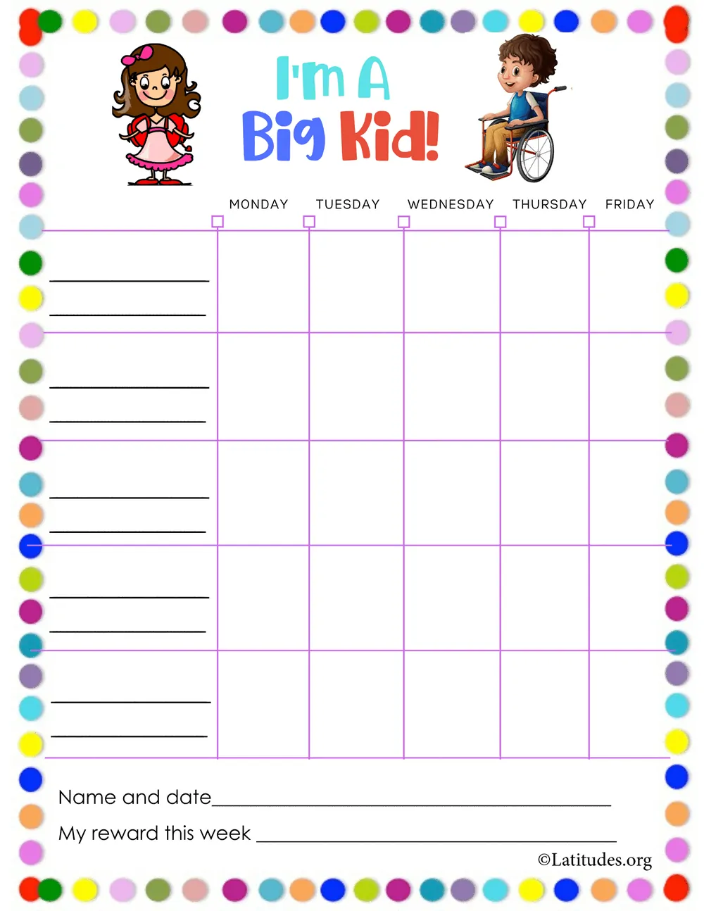 Boy Girl I m A Big Kid Blank Reward Chart Fillable ACN Latitudes