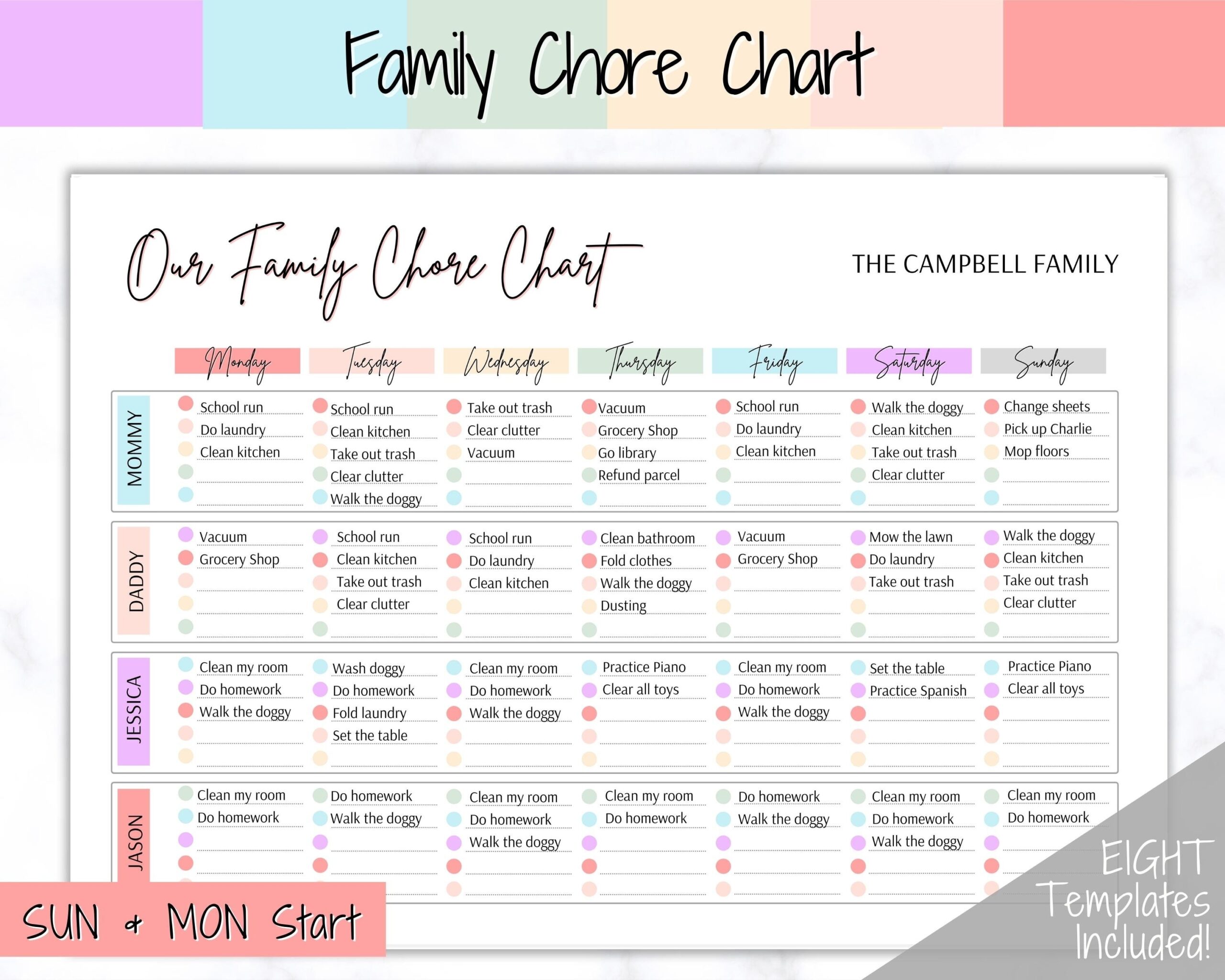 Colorful Family Chore Chart Editable Family Planner Printable 