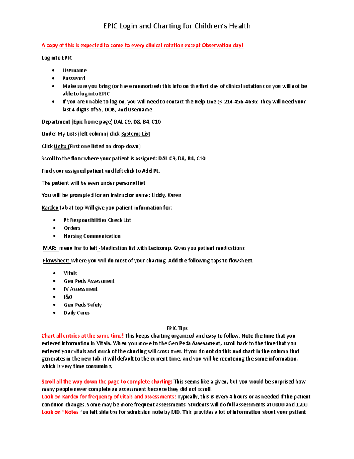 EPIC Charting Help Sheet Spring 2022 EPIC Login And Charting For Children s Health A Copy Of This Studocu