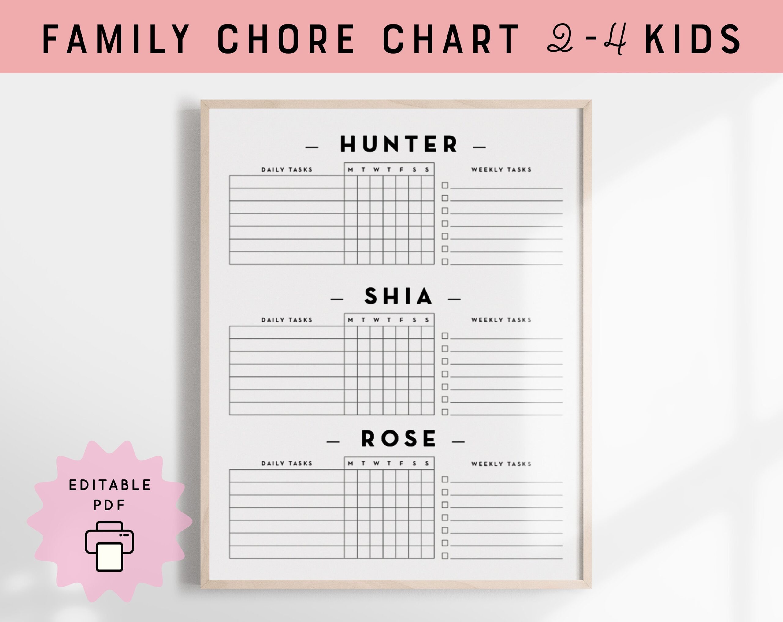 Family Weekly To Do Chore Chart For Multiple Kids 2 3 4 Kids 