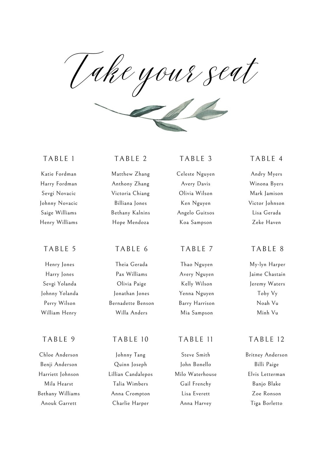 Free Custom Printable Seating Chart Templates Canva