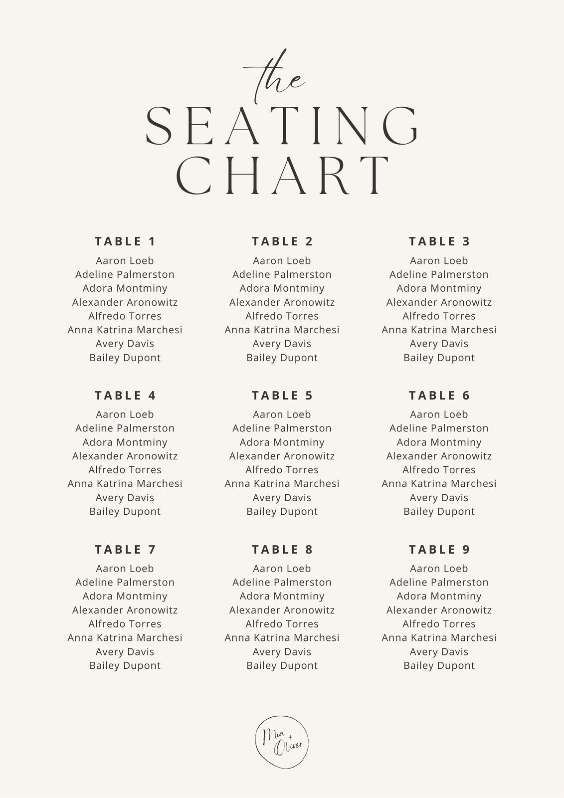 Free Table Seating Chart Template