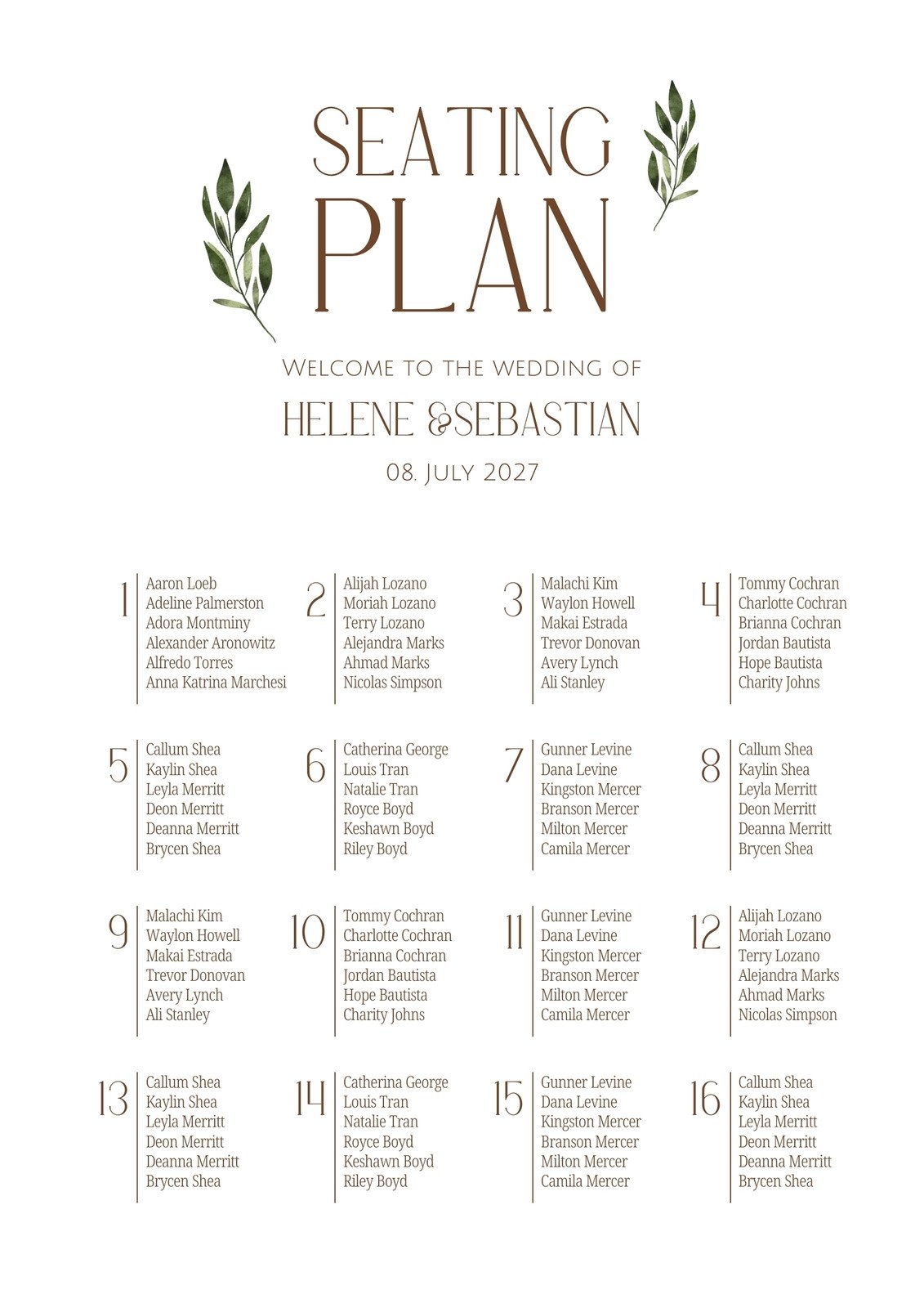Free Wedding Seating Chart Template Printable