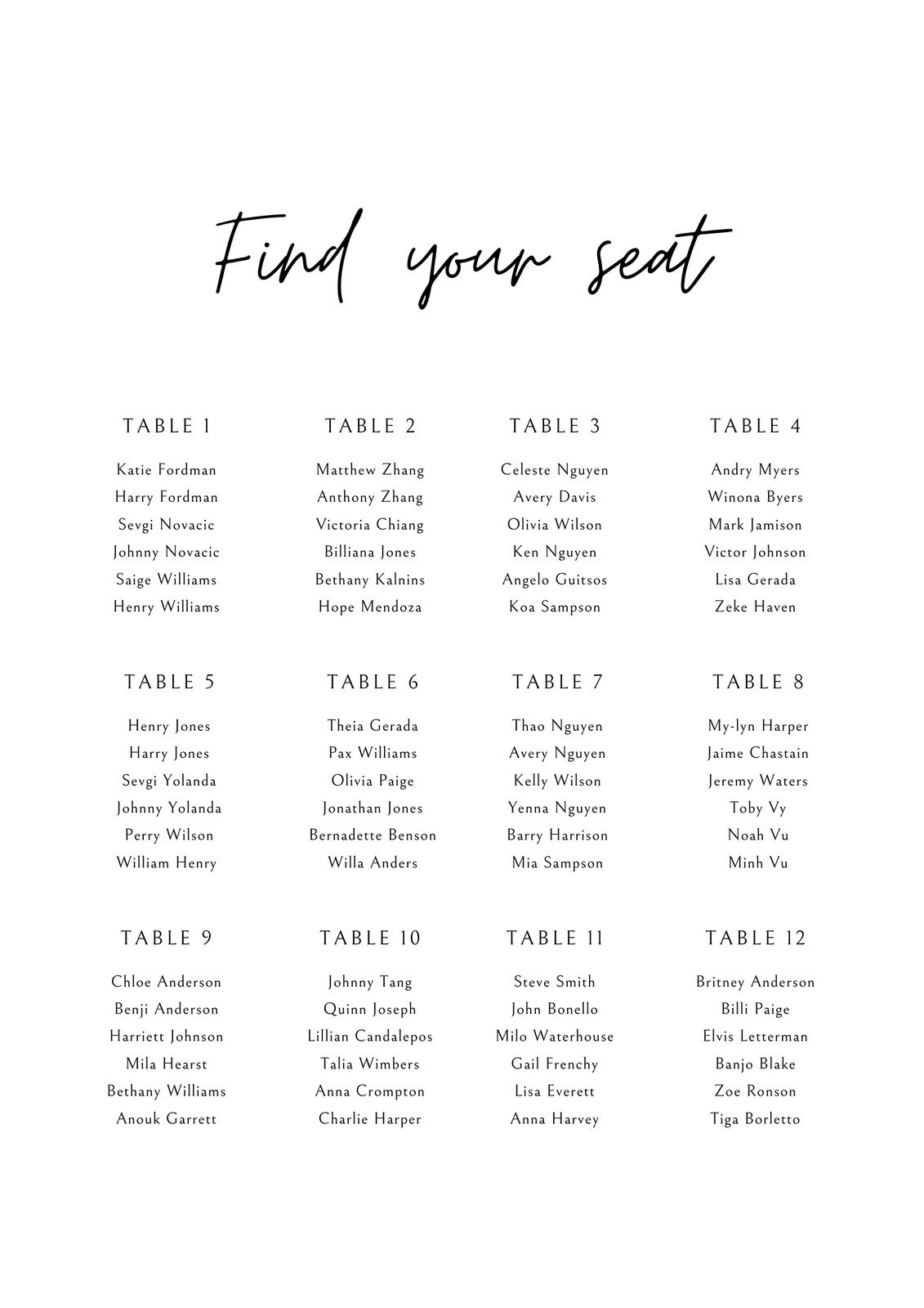 Free Custom Printable Wedding Seating Chart Templates Canva