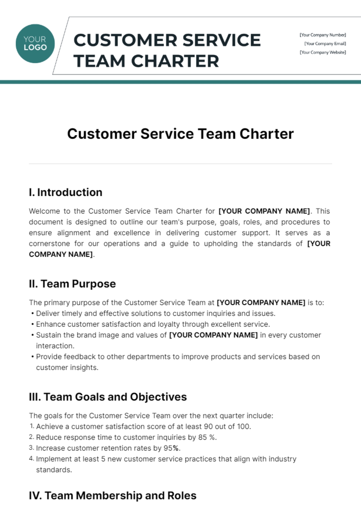 Free Customer Service Team Charter Template To Edit Online