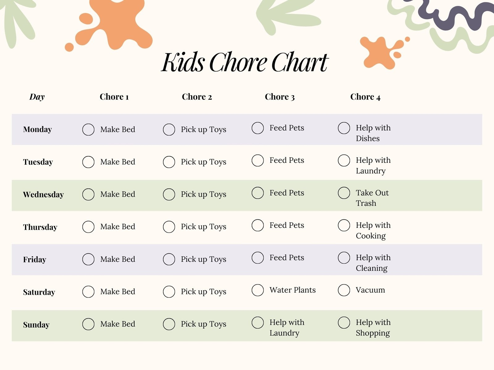 Free Printable Housekeeperchore Chart Templates