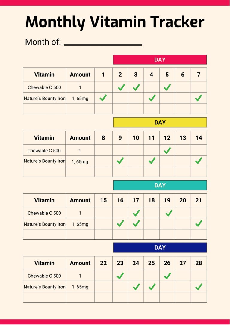 Free Monthly Vitamin Tracker Chart In Illustrator PDF Download Template 