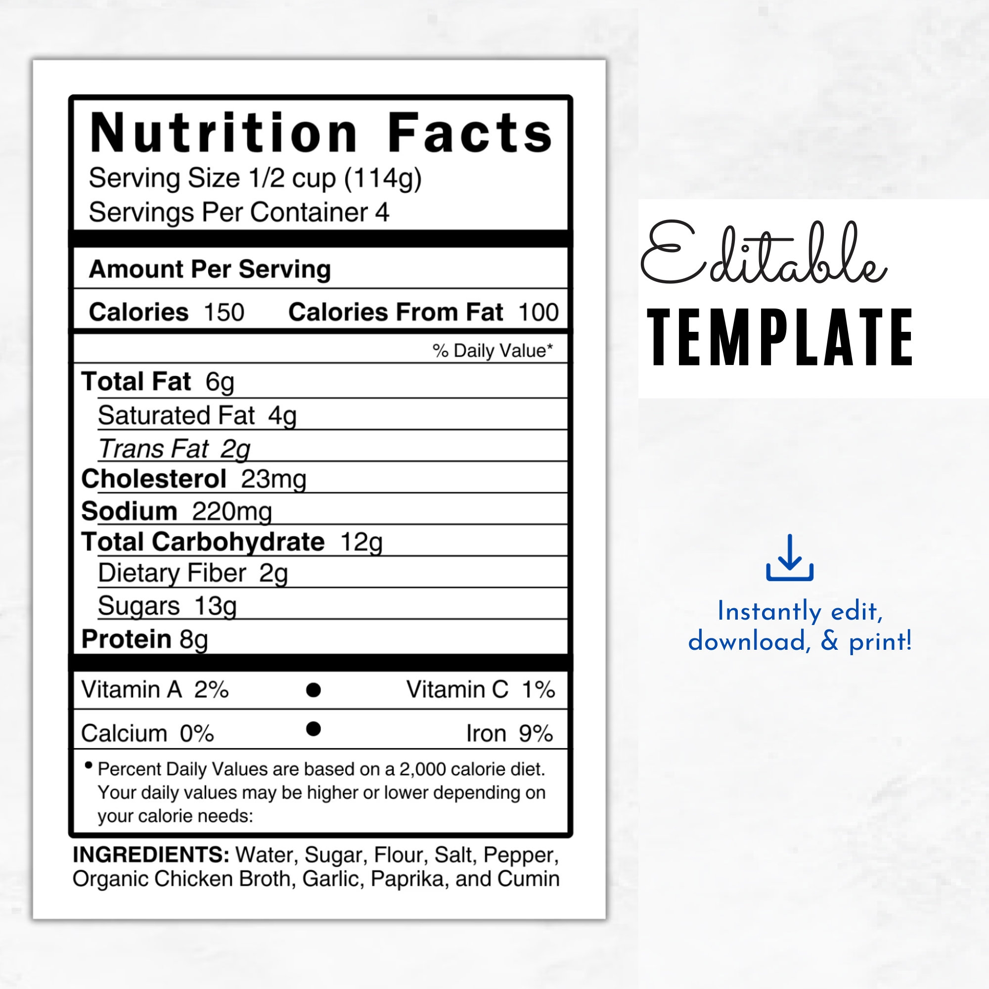 Nutrition Facts Editable Nutrition Label Nutritional SVG PNG 