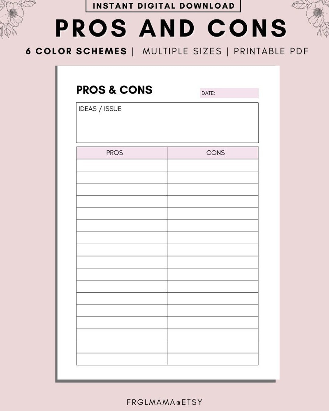 Printable Pros And Cons List Instant Download Print At Home Planner Pages Life Organizer Templates Pro And Con Print Template A4 A5 PDF Etsy Australia