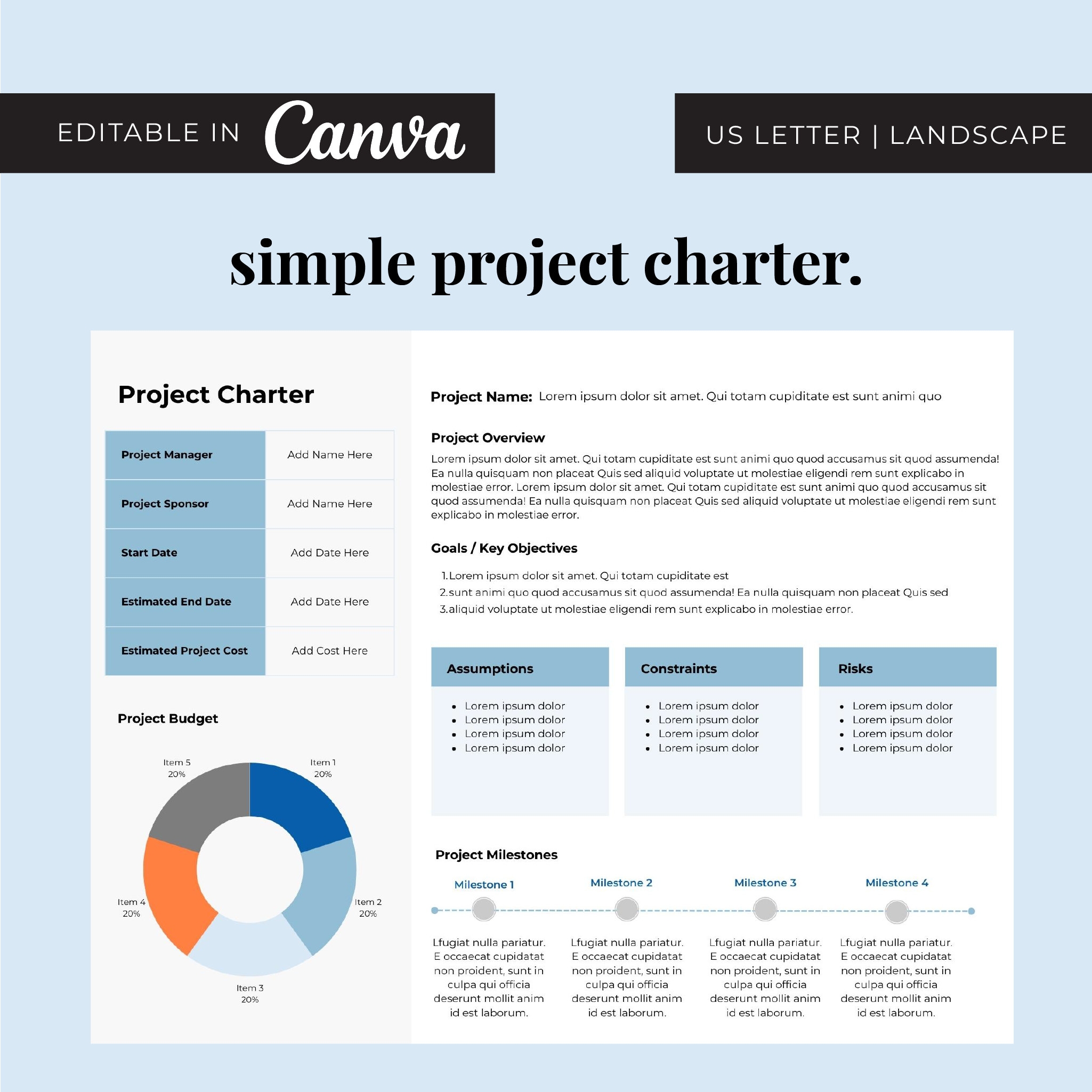 Professional Simple Project Charter Customizable Canva Template 