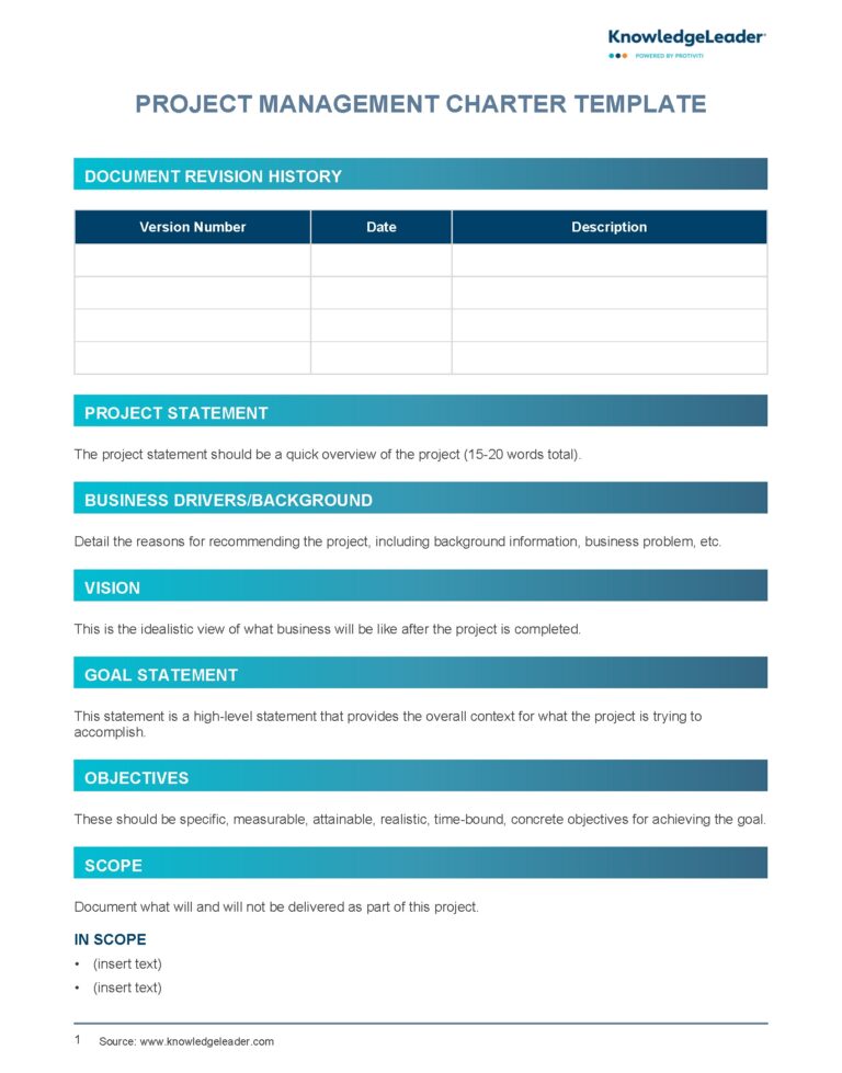 Project Management Charter Template KnowledgeLeader