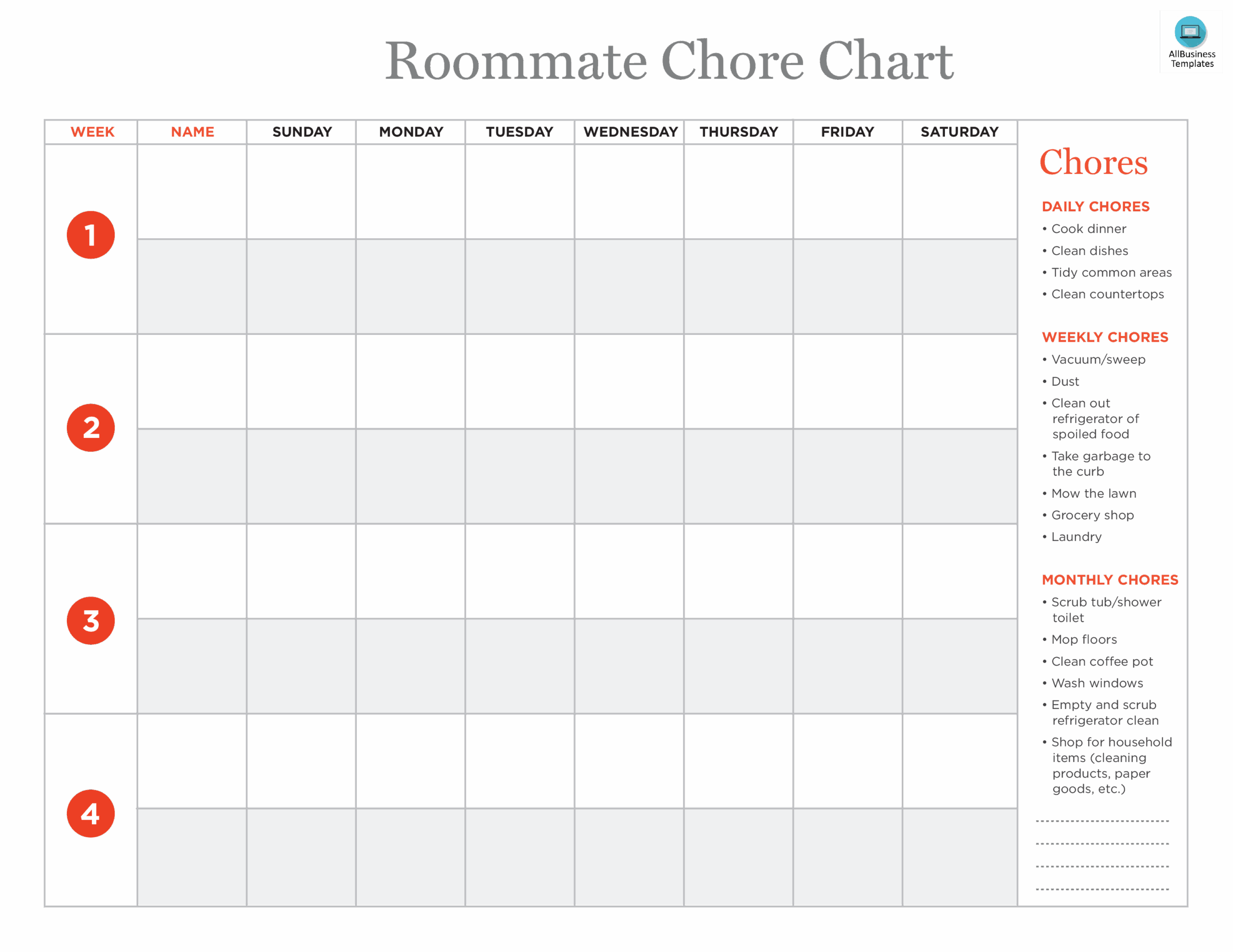 Roommate Chore Chart Gratis
