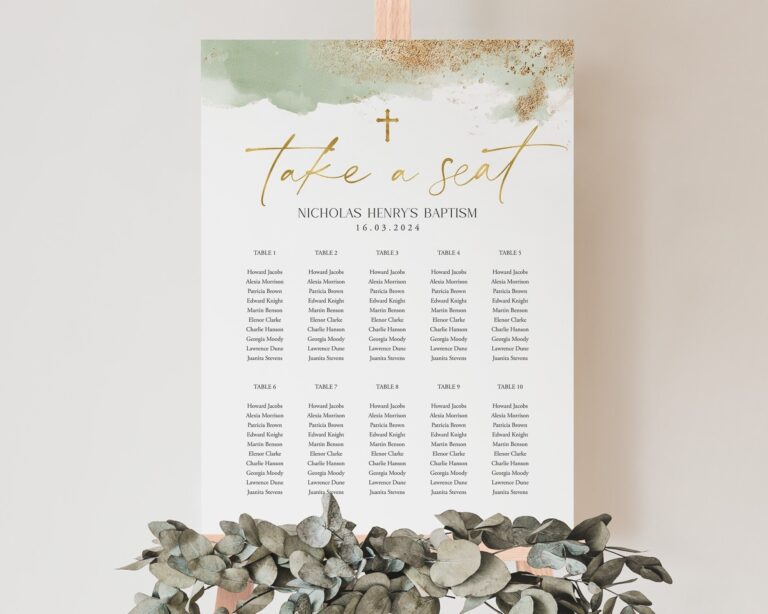 Seating Chart Christening Seating Chart Printable Baptism Seating Chart Template Green And Gold Seating Chart Editable Seating Plan Sage Etsy