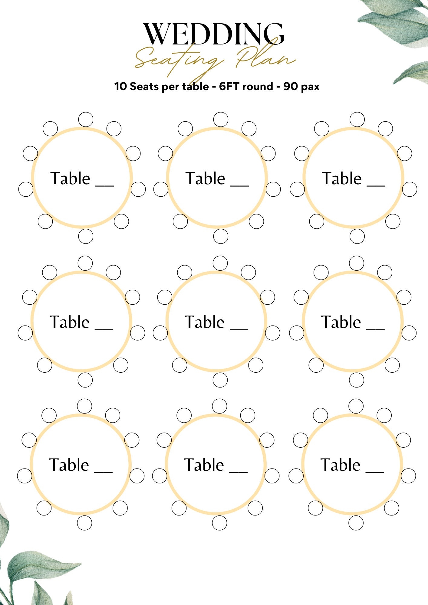 Seating Plan Chart 90 Pax Round Wedding Table Display For Guest Names Draft Seat Planner Instant PDF Printable Download Table Planning Etsy