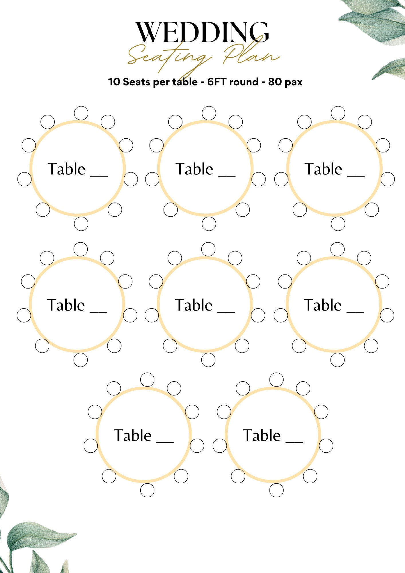 Wedding Seating Chart 80 Pax Round Table Display For Guest Names Seating Chart Organisation Planner Book PDF Guest Seating Plan Etsy UK