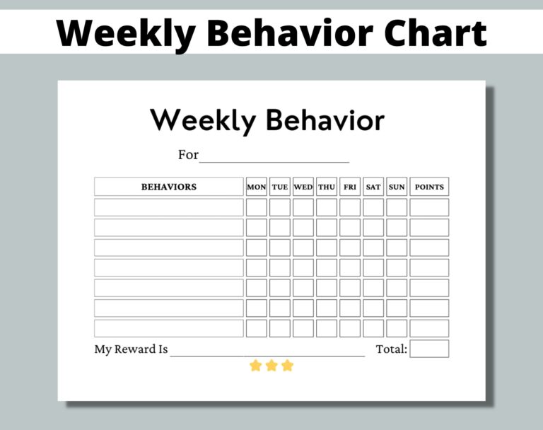 Weekly Behavior Chart Printable For Kids Students Classroom Preschool Kindergarten Home Points Reward Chart Sticker Chart
