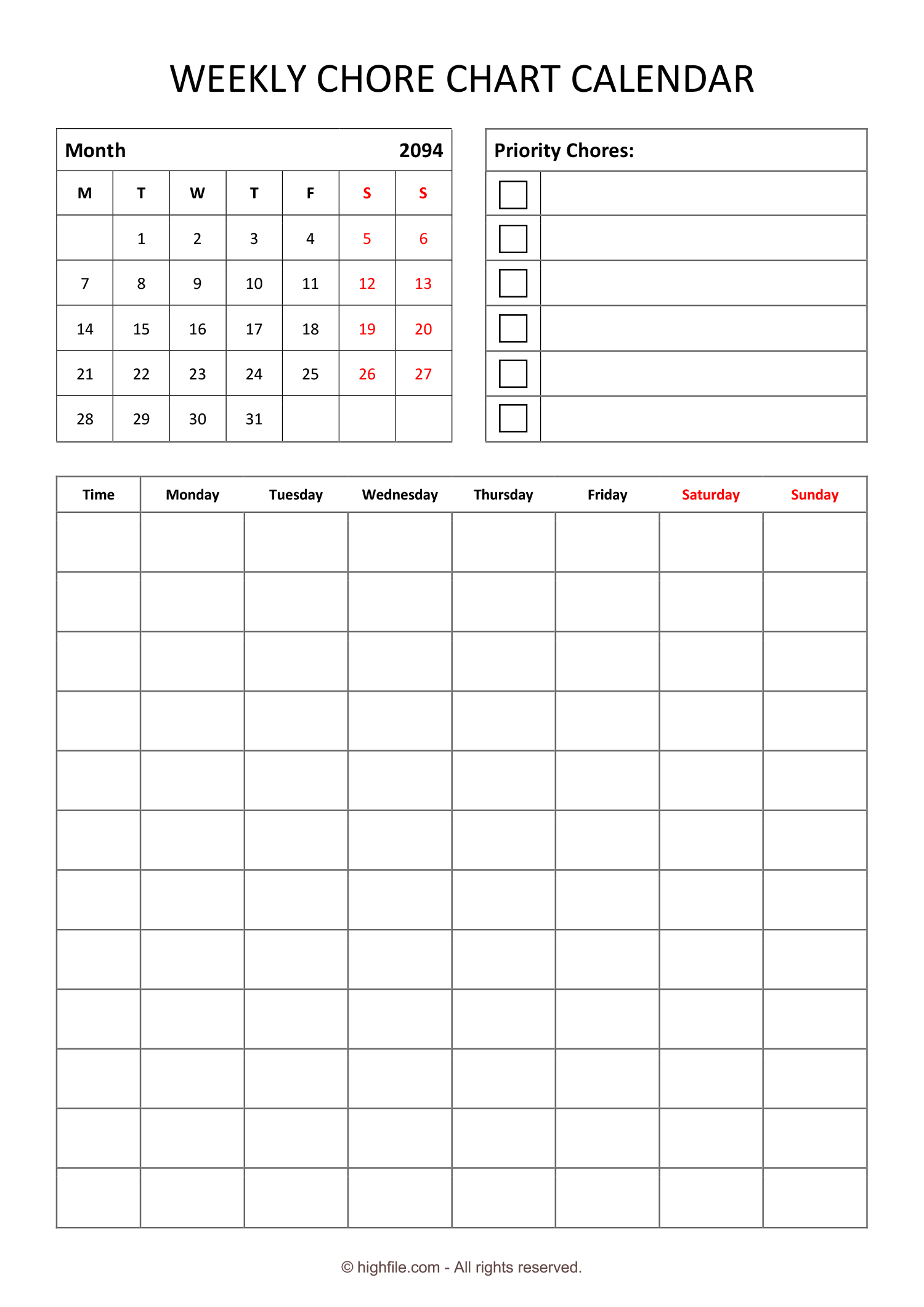 Weekly Chore Chart Template Word Google Docs PDF Highfile